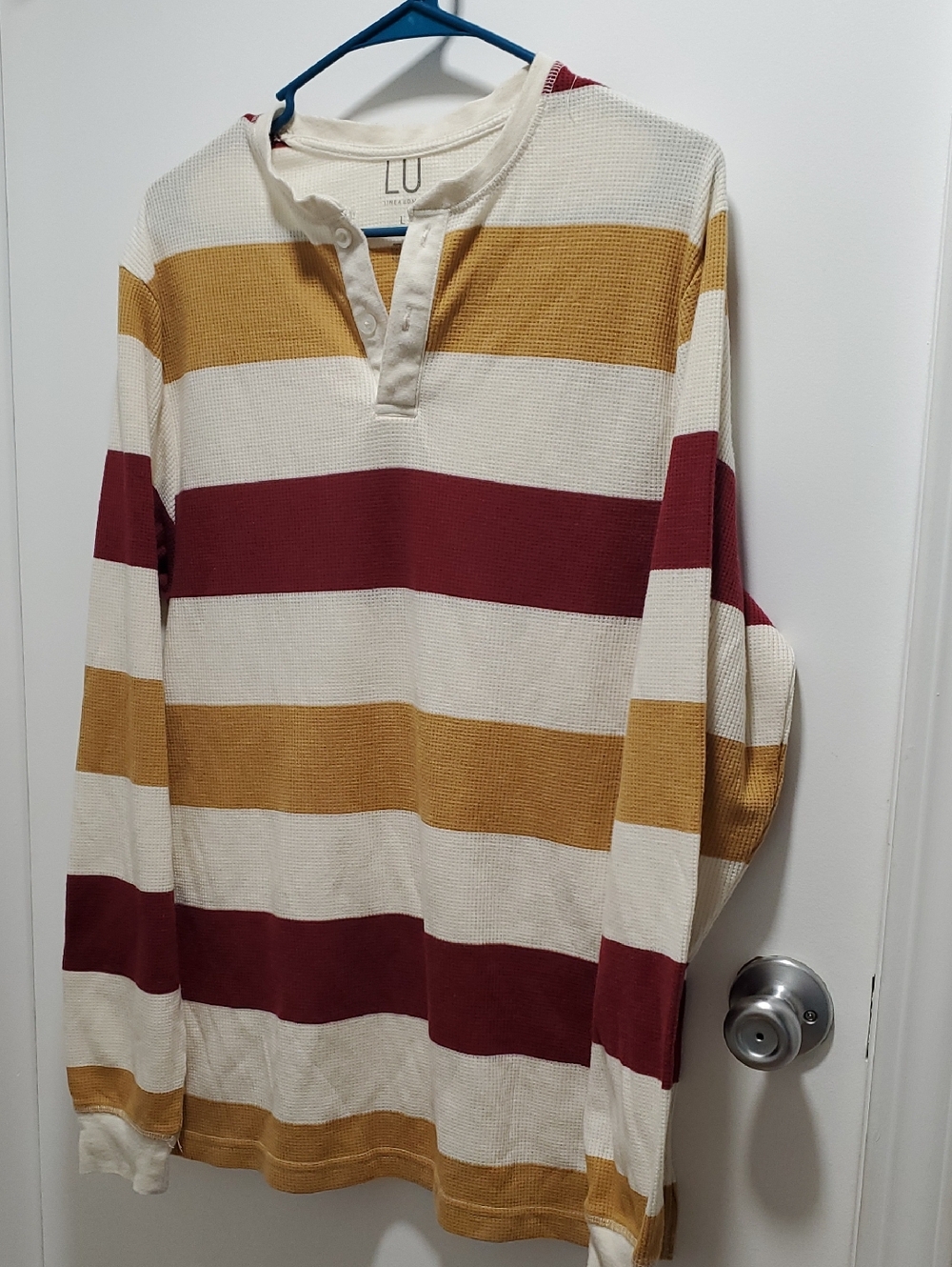 LU Men's Cream, Mustard & Burgundy Striped Long-Sleeve Henley